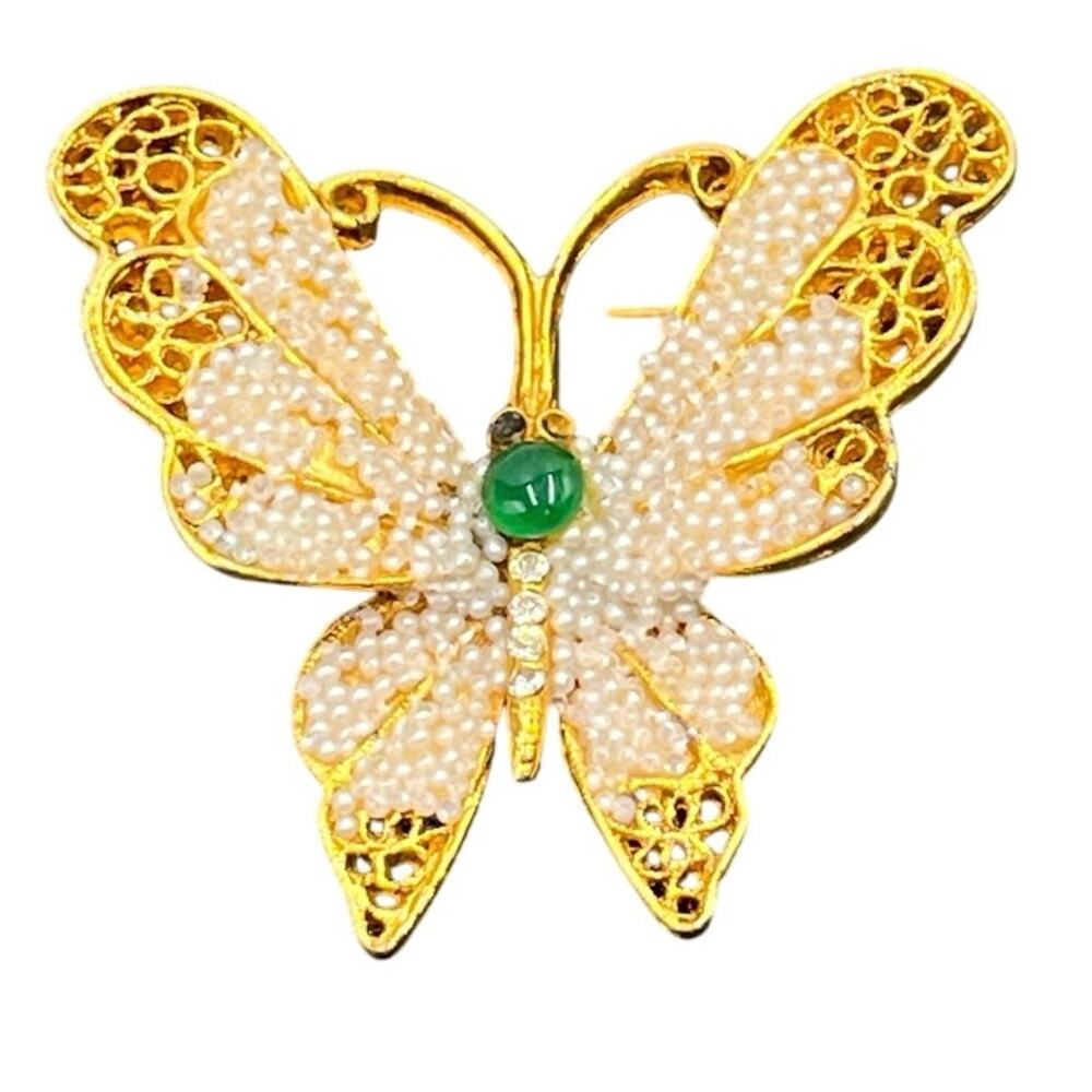 BSK Vintage Pave Seed Pearl‎ Green Cabochon Crystal Gold Tone Butterfly Brooch